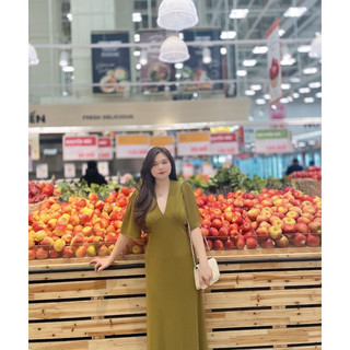 Hamie | Đầm thun cổ V có bo chun freesize <70kg