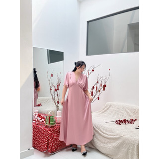 Hamie | Đầm lụa cổ V bo chun sau