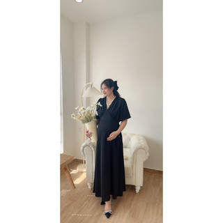 Hamie | Đầm lụa cổ V bo chun sau