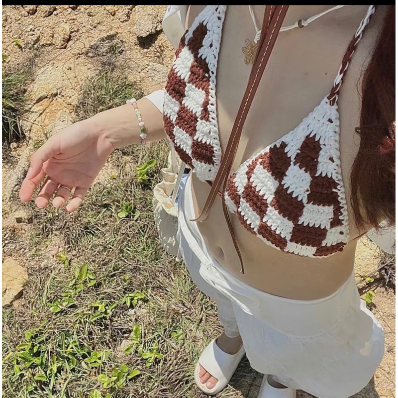 Áo bikini móc len sọc caro