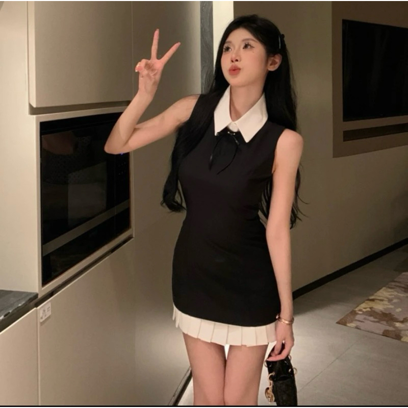 [V1.612] Váy Tuyết Mưa Cổ Sơmi Trắng Phối Chân Xếp Ly Kèm 2 Nơ Sang Chảnh | BigBuy360 - bigbuy360.vn