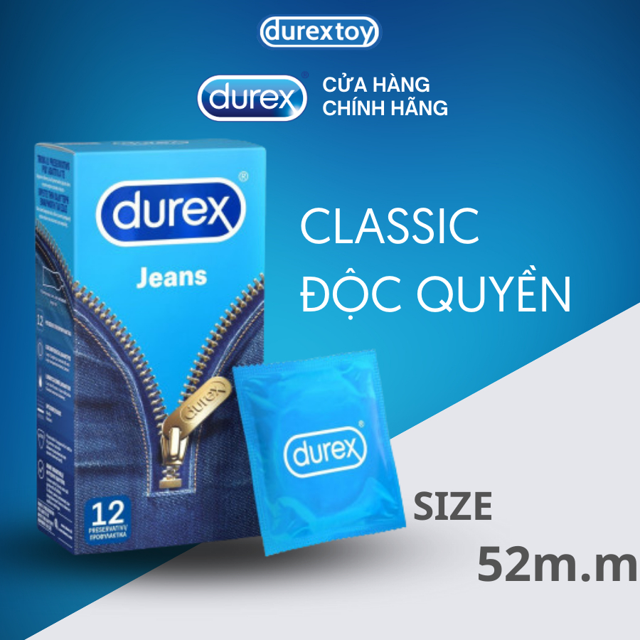 Bao cao su Durex Jeans cơ bản, bôi trơn, size 52.5mm, hộp 12 bao  - Durextoy