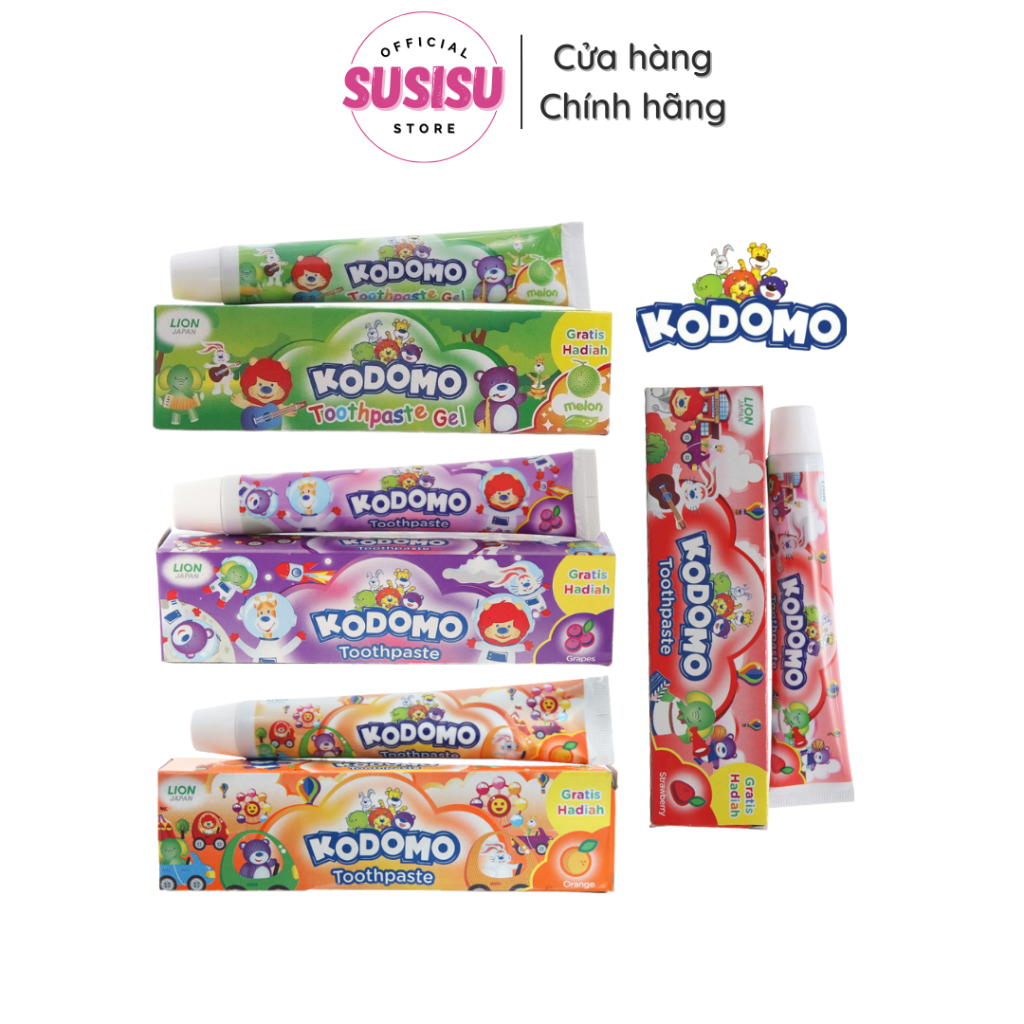 Kem Đánh Răng Trẻ Em KODOMO Ngăn Ngừa Sâu Răng vị gum KODOMO Toothpaste Orange, strawberry 45g hương