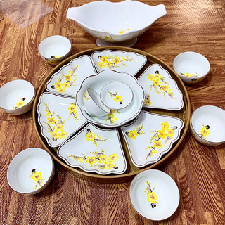 Bộ bát đĩa hoa mặt trời hoa sen 15món + đĩa gà + khay bát tràng cao cấp -set bát đĩa cúng gia tiên vỡ 1 đổi 1