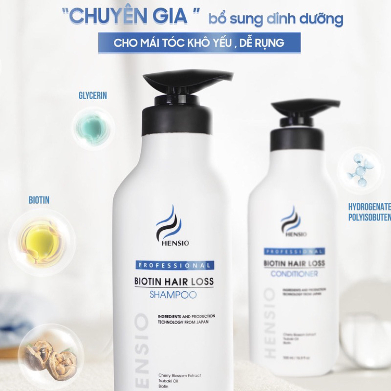 Gội xả Biotin Hensio ngăn ngừa rụng tóc, phục hồi hư tổn và dưỡng tóc siêu mềm mượt.