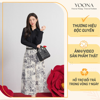 Áo sơ mi đen thiết kế dài tay cổ bẻ lá cổ cách điệu kết hợp nẹp che cúc chất lụa Ý cao cấp YOONA - NH4S168
