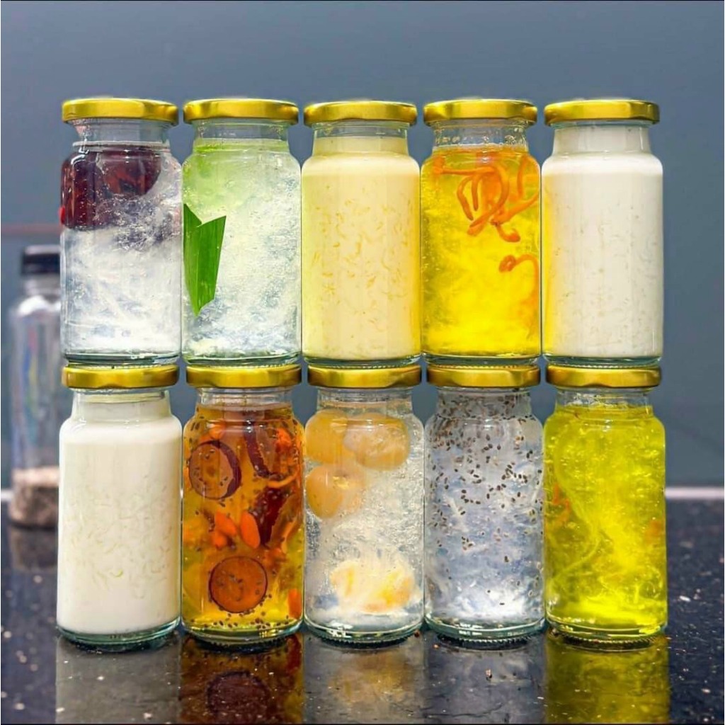 Set 8 hũ thủy tinh chưng yến 150ml, chai thủy tinh tròn nắp vặn đựng yên, đựng gia vị, dầu dừa, nước hoa quả chailo170