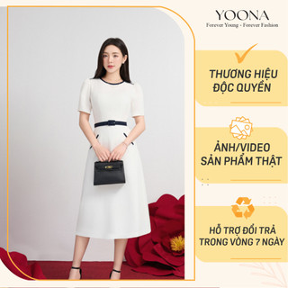 Đầm công sở thiết kế dáng A dài cổ tròn phối hợp đai eo và túi chéo chất twill silk cao cấp YOONA - NH10A073