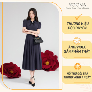 Đầm công sở thiết kế cổ bẻ có nơ phối tay bồng chân dập ly chất Kate silk cao cấp YOONA - NH10X100