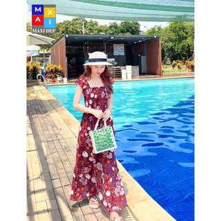 Đầm Cánh Tiên Maxi Đẹp Freesize Họa Nền Đỏ Mận Sang Chảnh