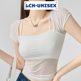 Áo lưới nữ tay ngắn có lót trong LCH áo kiểu trễ vai ôm body tôn dáng lộ xương quai xanh gợi cảm