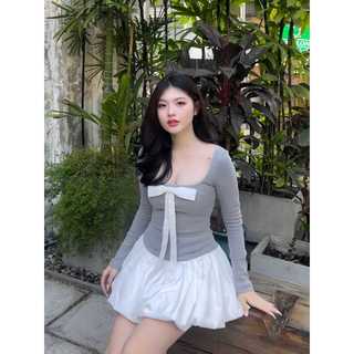 Đầm Bí Tay Dài Thắt Nơ Phối Voan Tầng, Váy Coquette Style Tay Dài Phối Nơ Rời | MINI DRESS |Secodee