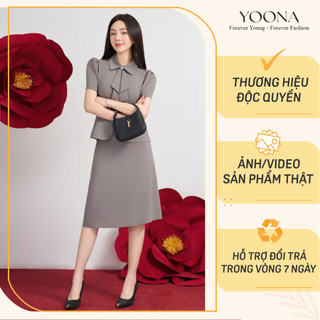 Set bộ thiết kế áo cổ bẻ có nơ phối tay bồng tà áo cách điệu kết hợp chân váy chân váy dáng A dài chất twill silk cao cấ