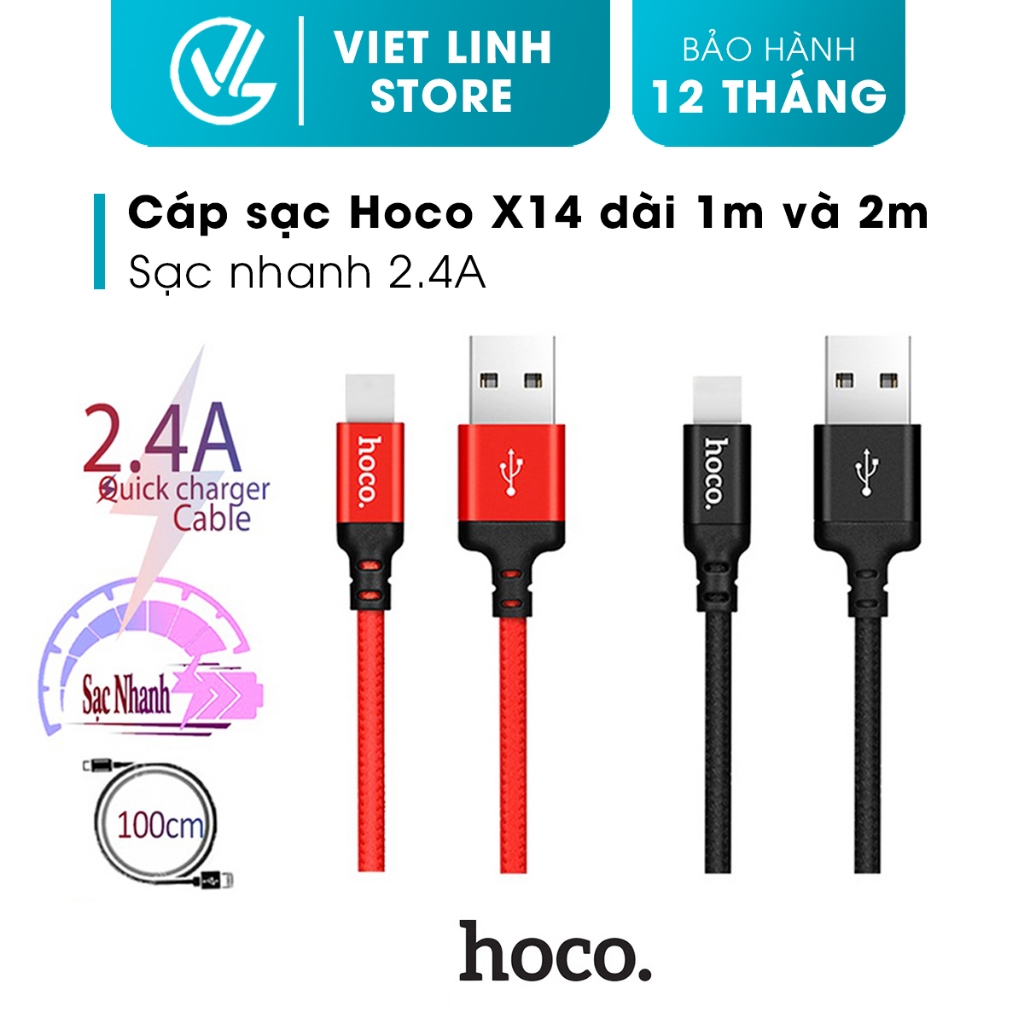 Sạc Nhanh Hoco X14 dây dù sạc nhanh 2.4A chống đứt, Dây sạc nhanh hoco truyền tải dữ liệu dài 1M/2M - Việt Linh Store