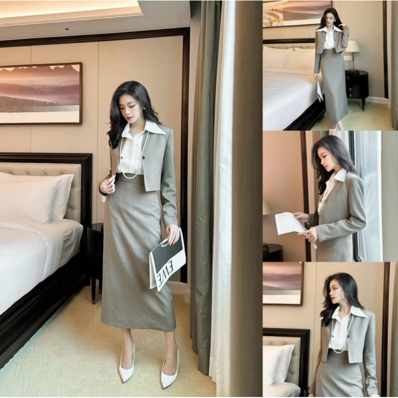 [Kim Clothing] Set vest 3 món áo sơ mi tay dài cổ bẻ + áo blazer croptop gài nút + chân váy bút chì