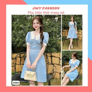 V484 Váy xanh phối cổ sơ mi trắng thanh lịch [TH Hà Thanh] đầm trắng công sở, nữ tính