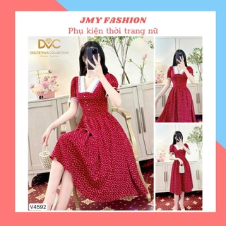 V4592 Váy đỏ phối cổ trắng tiểu thư [Dolce Viva Colection (DVC)] đầm công sở hoạ tiết tim nữ tính, thanh lịch