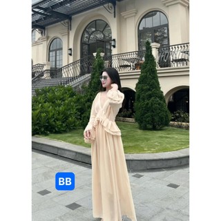 Đầm dài tay cổ chữ V phối vạt bèo chân váy dài thướt tha tiểu thư sang chảnh cho nữ - Thời Trang Ninh Hiệp