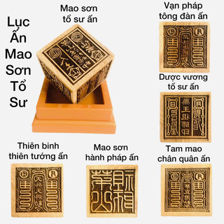 Lục ấn gỗ đào Mao Sơn Tổ Sư tặng kèm đế đựng