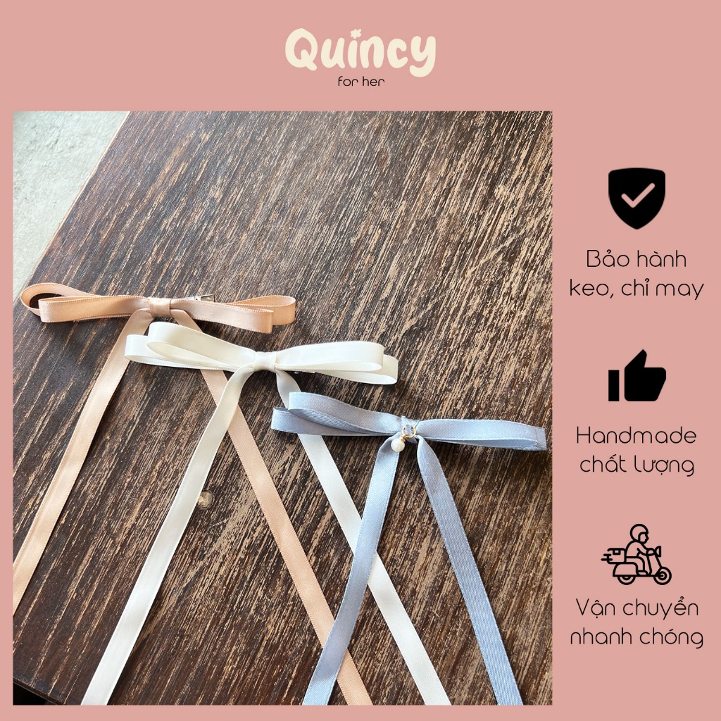 [Handmade] Kẹp nơ lụa dây dài đính ngọc trai tiểu thư