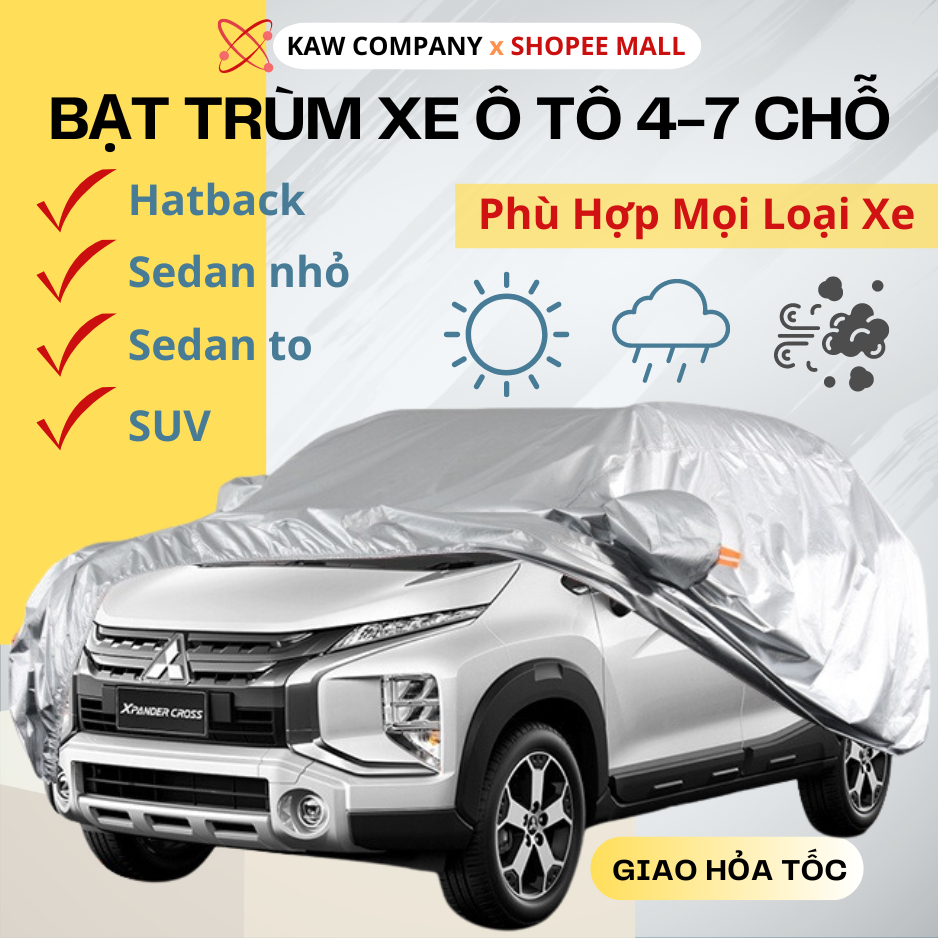 Bạt phủ ô tô Cao Cấp KAW - Bạt Trùm Xe Hơi 3 Lớp Tráng Nhôm Bọc Lớp Nỉ Trong Chống Xước, Chống Nắng, Chống Mưa,Chống Buị