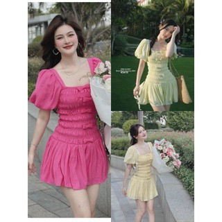 Đầm xốp tơ gân thời trang nữ mặc đi chơi cổ vuông tay ngắn phồng đính nơ váy ngắn nhehj nhàng dễ thương
