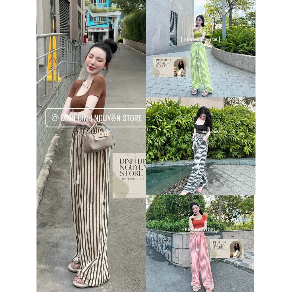 Set đồ bộ nữ áo thun gân lạnh quần xốp họa tiết sọc áo tay ngắn cổ vuông quần dài suông kèm dây chun năng động