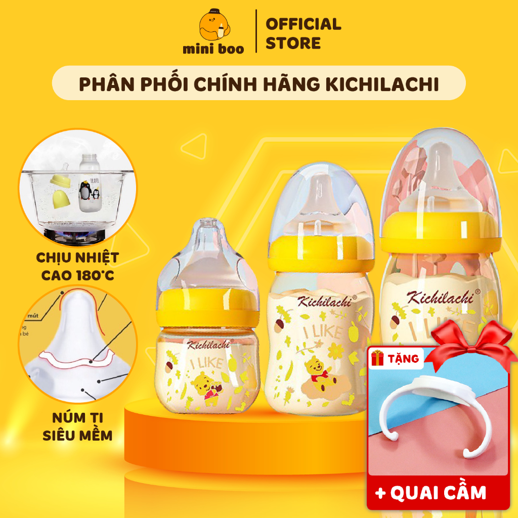 Bình sữa cho bé cổ rộng PPSU Kichilachi 90ml 160ml 280ml cảm biến nhiệt