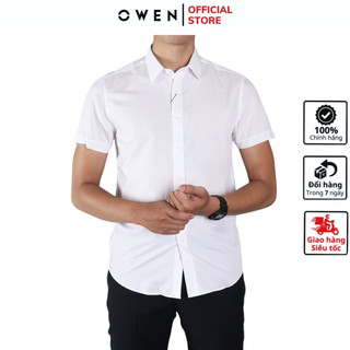 Áo sơ mi trắng ngắn tay nam OWEN AS240104N somi công sở cao cấp vải sợi sồi dáng slim fit tà lượn không túi