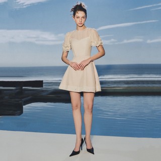 MAVEN - Váy beige cổ tròn phối lưới đính kết hoa Vidia Dress