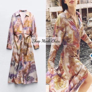 Váy midi satin hoạ tiết cổ bẻ Zarraa