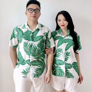 Sơ mi đi biển màu xanh, sơ mi hawaii vải tơ đũi cao cấp