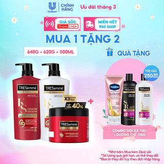 Combo gội 640g, xả 620g, ủ 500g tresemmé keratin smooth vào nếp suôn mượt