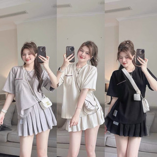 Set váy nữa áo thun cổ tròn tay lững kèm chân váy xếp ly ngắn siêu xinh cá tính