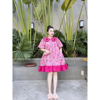 Đầm babydoll in hoa nhí cổ bèo tay phồng phối viền bèo màu hồng. đầm hoa sơ mi dáng xòe đi biển, đi chơi xinh xắn mtb