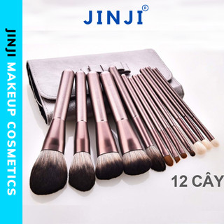 Bộ cọ trang điểm cá nhân 12 cây thân bạc tím lông thú siêu mềm có bao da đựng JINJI