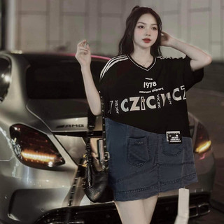 Đầm thun tay ngắn viền sọc, đầm in chữ phối jean sang trọng VIENS STORE