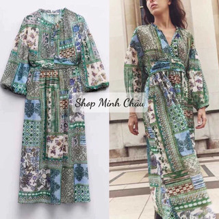 Váy midi voan xanh hoạ tiết tay bồng Zarraa