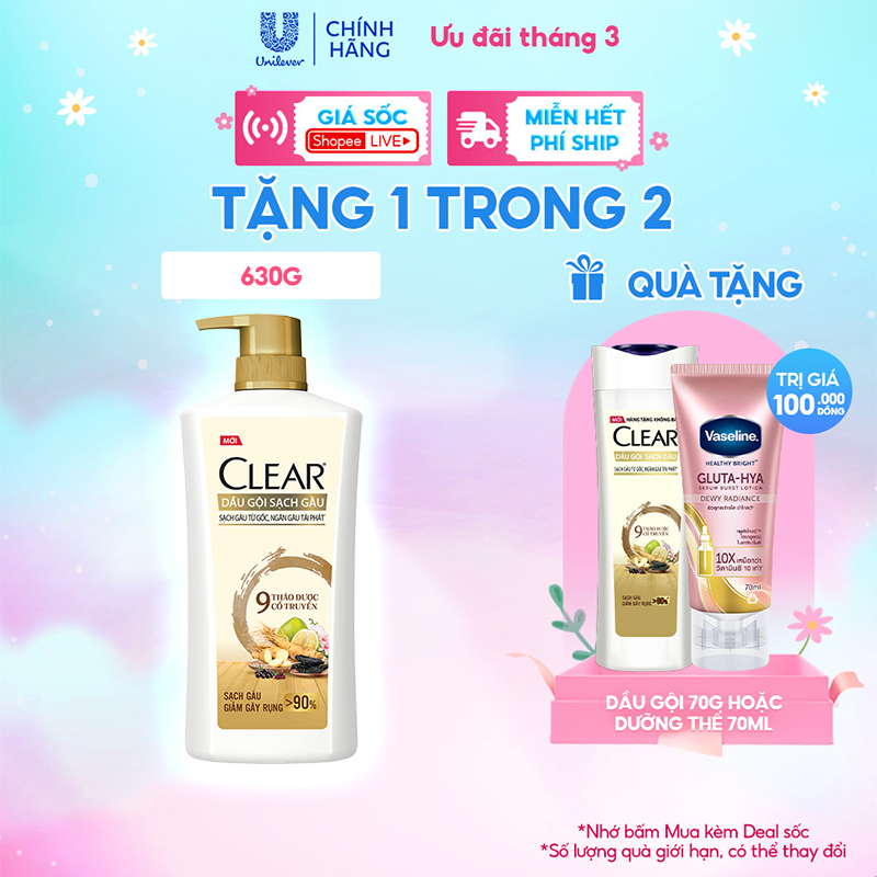 Dầu Gội CLEAR 9 Thảo Dược Cổ Truyền Sạch Gàu Giảm Gãy Rụng 630G