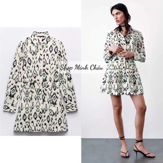(Sẵn) Váy mini sơ mi hoạ tiết xanh lá Zarraa