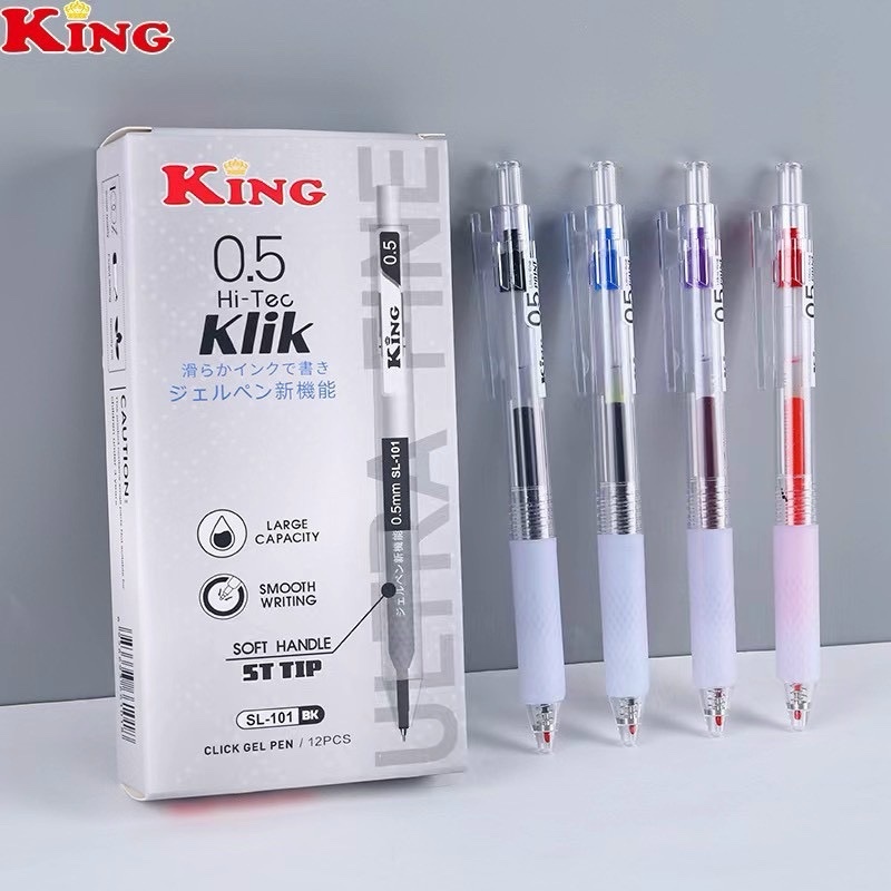 HỘP 12 Cây Bút Viết Bi Đầu Bấm Hi-Tec King SL-101 / SL 101 Ngòi 0.5mm (Mực Xanh, Đỏ, Đen), Mực đều, Viết Êm