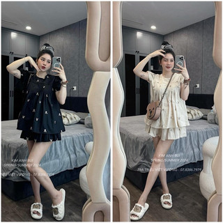 Sét áo cộc thêu thỏ tay bồng + chân váy xoè