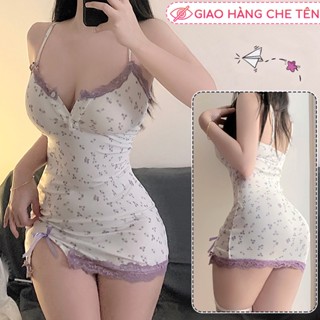 Váy ngủ 2 dây ôm body hoa nhí có đệm ngực viền ren dáng ngắn đầm ngủ tươi mát dễ thương