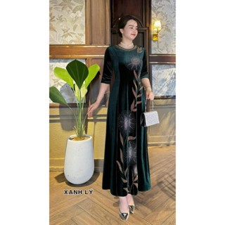 Đầm MAXI trung niên dự tiệc sang trọng vải nhung đính đá cao cấp tặng mẹ co giãn tốt bigsize 75kg M539