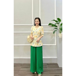 Áo bà ba nữ cách tân kèm quần ANH MỸ cổ tròn gài nút cườm họa tiết hoa freesize 40-75KG SP0059
