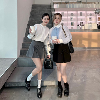 Áo somi tay bồng, áo somi sọc kẻ xanh, chân váy xếp ly đính nơ Choose Me Klp