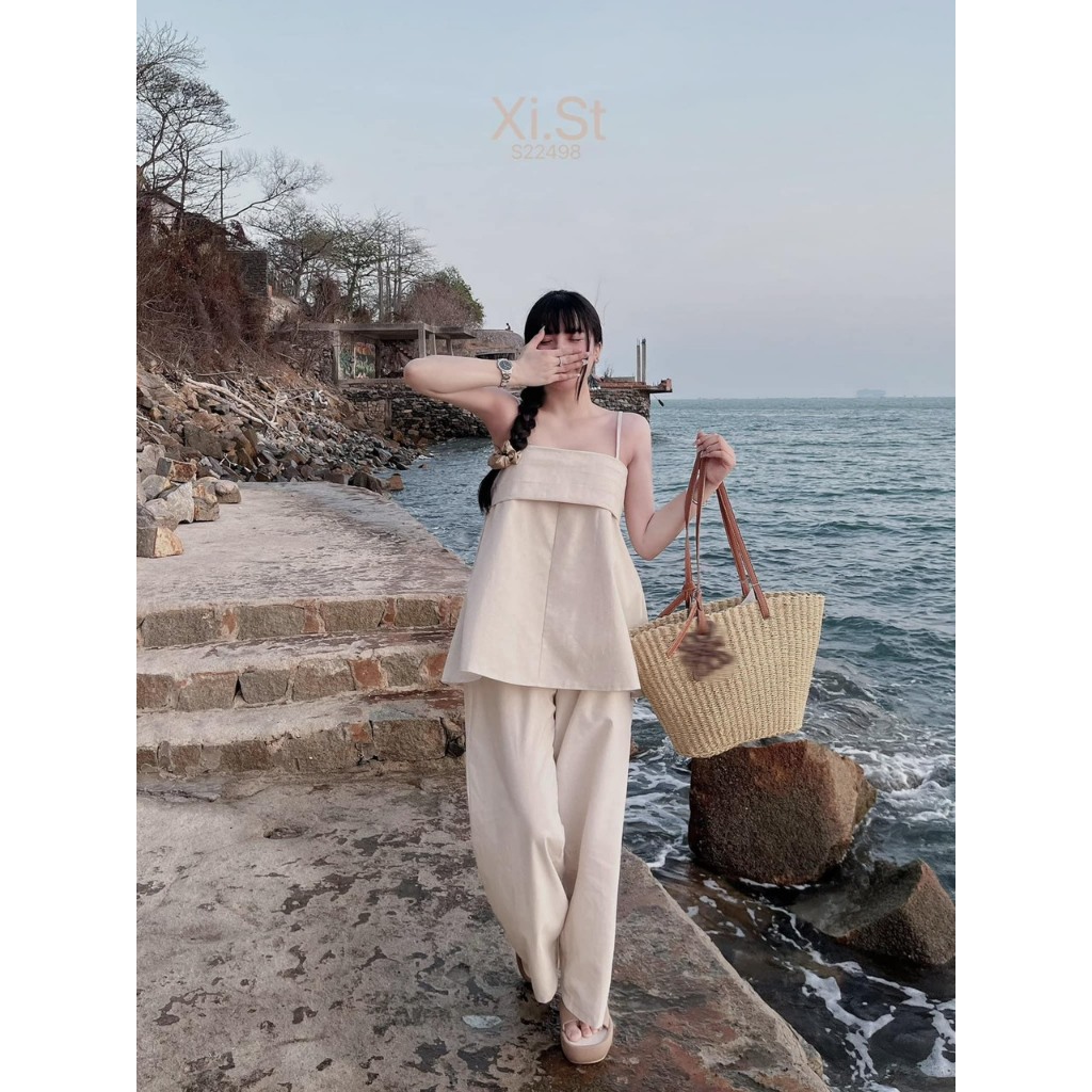 Set áo 2 dây xếp ly ngực mix quần suông dài chất linen tone nude siêu xinh