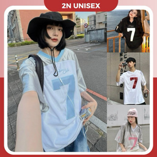 Áo phông nam nữ form rộng 2N Unisex thun thể thao số 7 màu trắng/xanh đen/đen/xám phối hồng/xanh dương