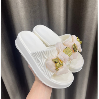 Dép quai ngang nữ phối nơ , dép quai nhún gắn nơ độn đế 4,5cm