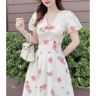Đầm voan in hoa cổ v tay phồng ( có lót ) - 95370